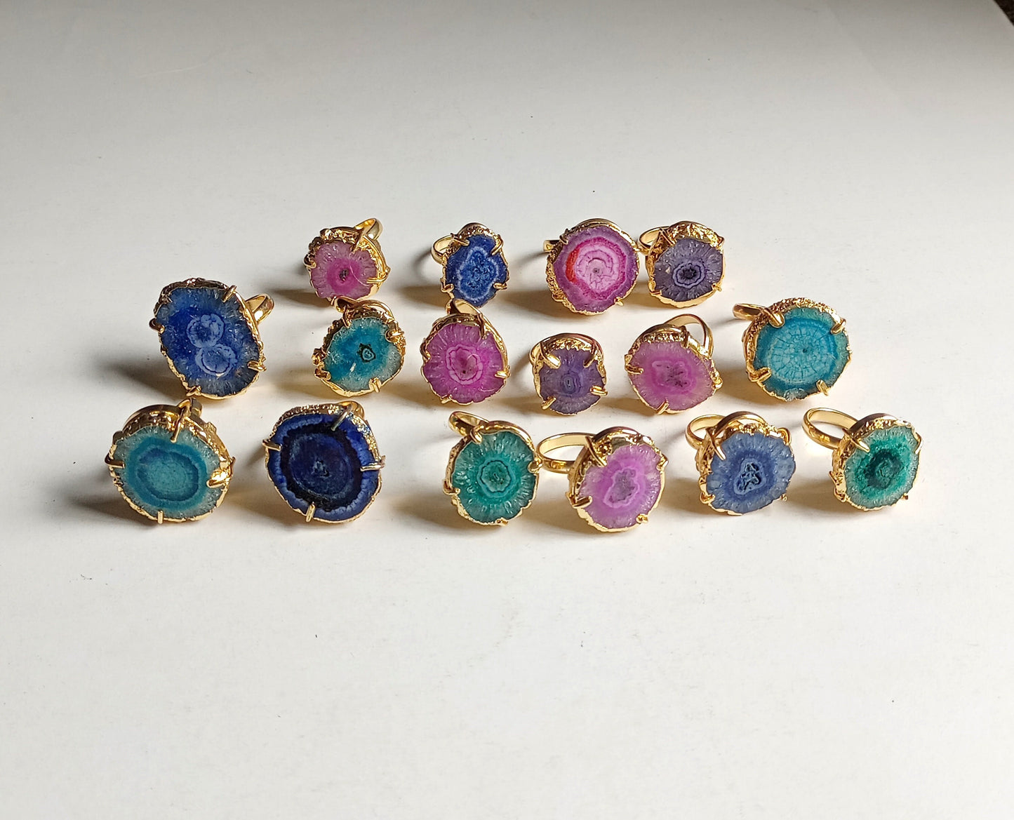 Bulk Wholesale Solar Quartz Rings – DIY Gold Electroplated Rings in Pink, Purple, Green Prong Setting