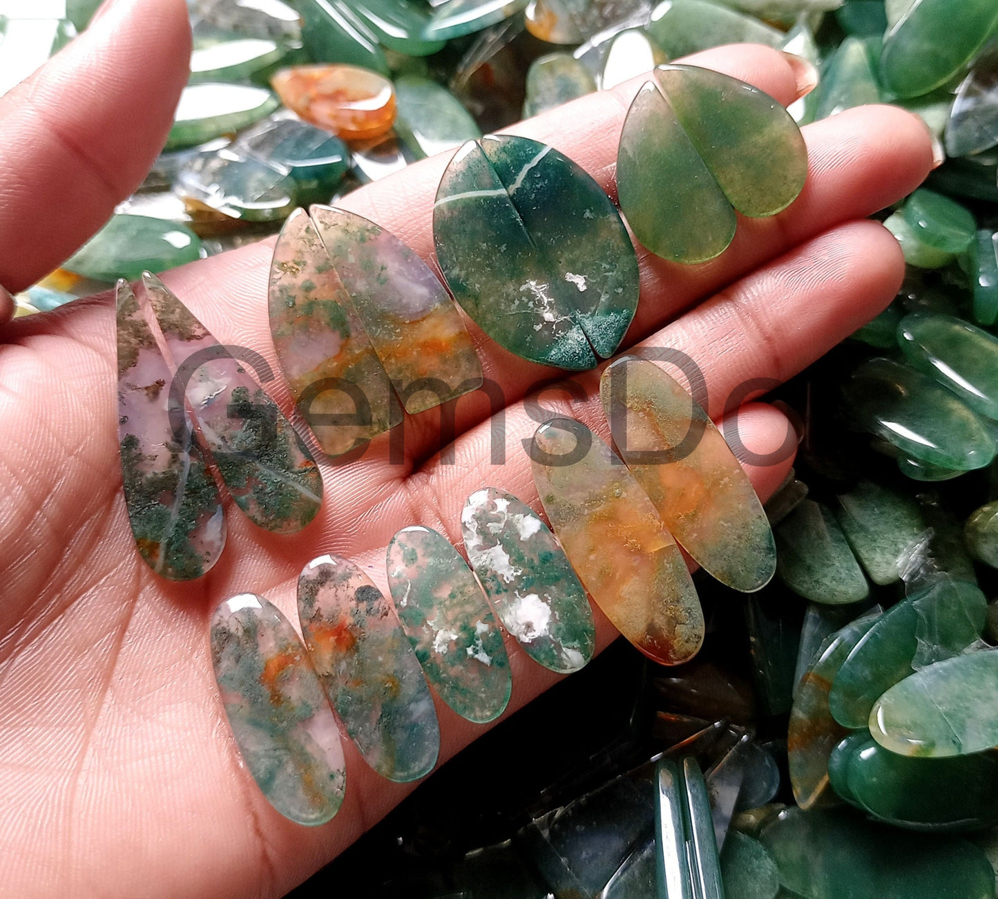 Natural Moss Agate Pair – Wholesale Mixed Designer Matched Cabochons Lot