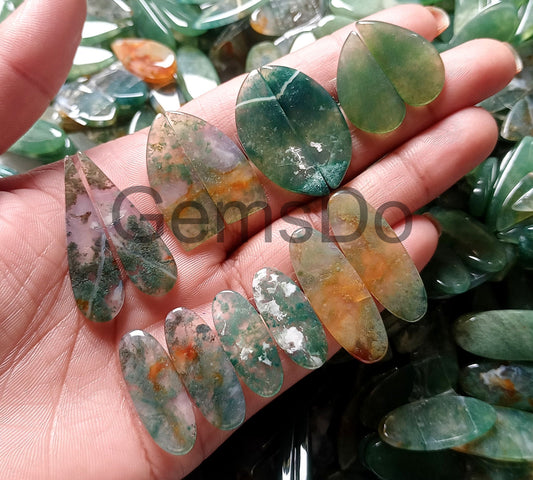 moss agate pair, mixed cabochon, designer gemstone, matched cabochons, smooth gemstone, polished stones, loose gemstone pair, jewelry making, DIY jewelry, gemstone earrings, natural cabochons, green gemstone, handmade jewelry, cabochon pair, moss agate stones