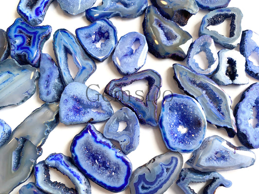 Blue Solar Quartz Gemstone Lot - Mixed Window Druzy Crystals & Slices for Jewelry Making