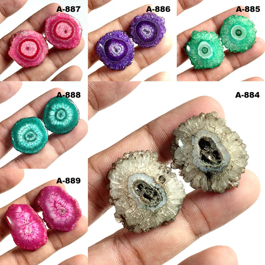 Solar Quartz Cabochon Earrings Pair – Matched Stalactite Slices for Jewelry Making