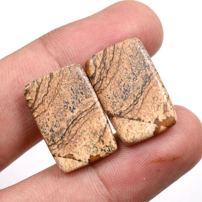 Oval Picture Jasper Gemstone Pair - Matched Cabochons for Earrings & Wholesale Jewelry