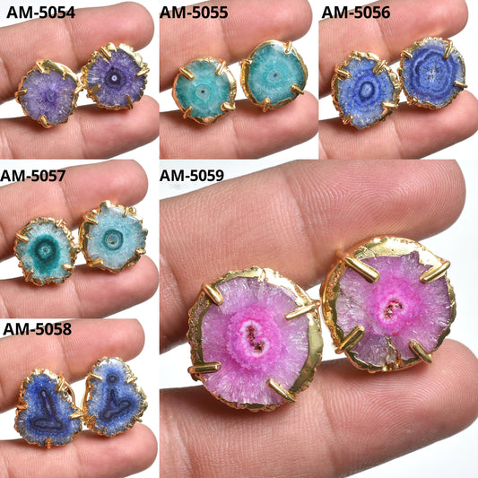 Solar Quartz Stalactite Slice Stud Earrings – Gold Plated Round Crystal Studs For Women