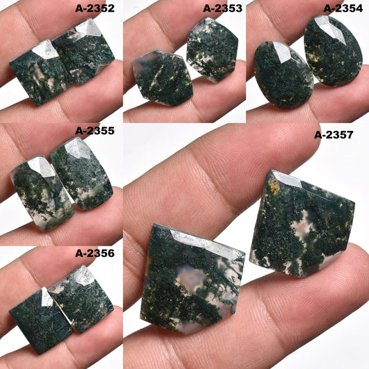 Natural Green Moss Agate Faceted Gemstone Pair - Moss Agate Cabochon for Pendant, Ring, Earrings
