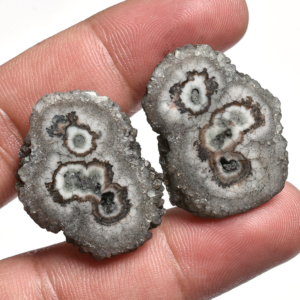 Top-Quality Grey Solar Quartz Pair – Fancy Shape Agate Slice Cabochons for Earrings