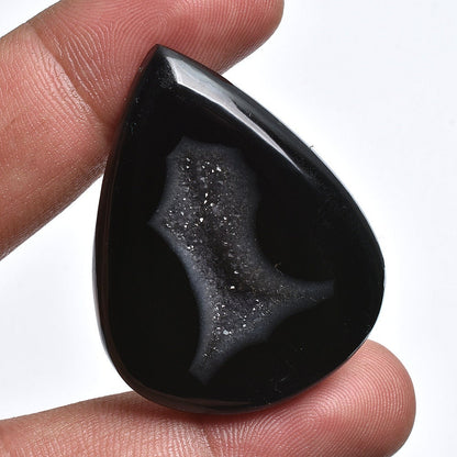 Charms! Black Druzy Cabochon - Natural Pear-Fancy Window Gemstone