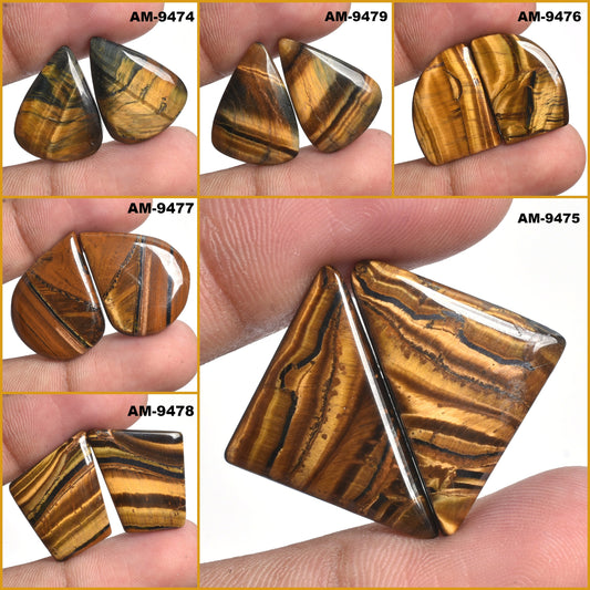 Natural Tiger Eye Gemstone Pair - Smooth & Plain, Fancy Mixed Shape Stones