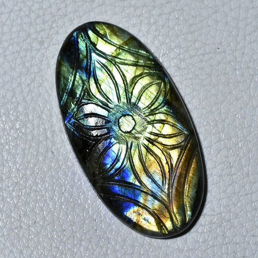 Beautiful Blue Labradorite Gemstone – Oval & Pear Flower Carved Rainbow Labradorite Stone