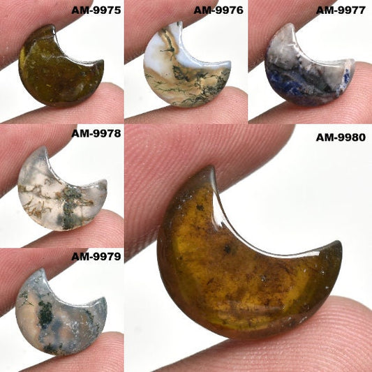 Crescent Moon Gemstone Cabochons - Lapis & Moss Agate Carved Moon Stones