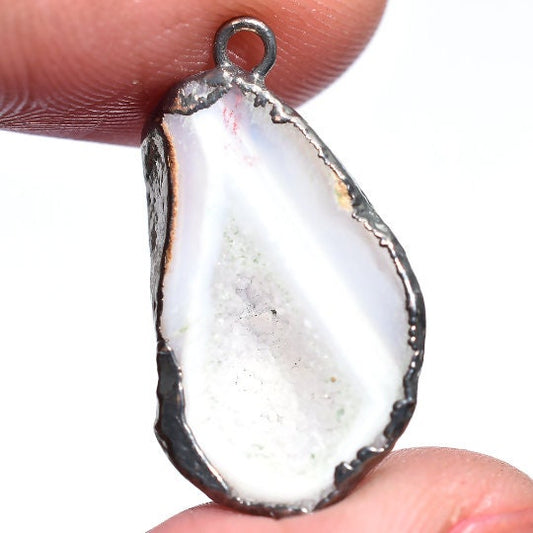 Natural White Agate Druzy Pendant Charms - Black Plated Edge, Stalactite Agate Jewelry Supplies