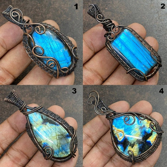 Natural Labradorite Gemstone Copper Pendant – AAA Blue Fire Labradorite Wire Wrapped Jewelry