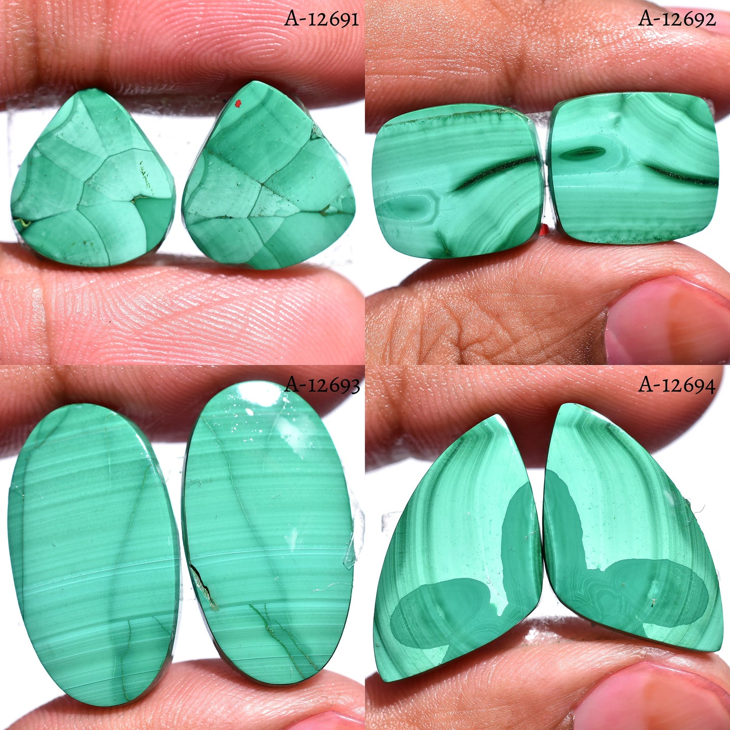 High Quality Malachite Pair Gemstone - Natural Green Matching Cabochons with Flat Back for Jewelry