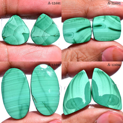 High Quality Malachite Pair Gemstone - Natural Green Matching Cabochons with Flat Back for Jewelry