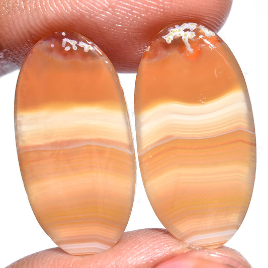 Orange Agate Polished Banded Gemstone Pair - Oval Earrings Matched Agate Stones