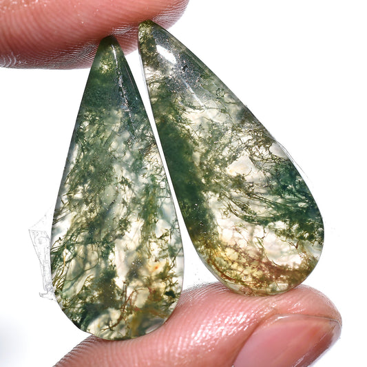 Top! Green Moss Agate Cabochon Pair - Pear Shaped Agate Matching Pair