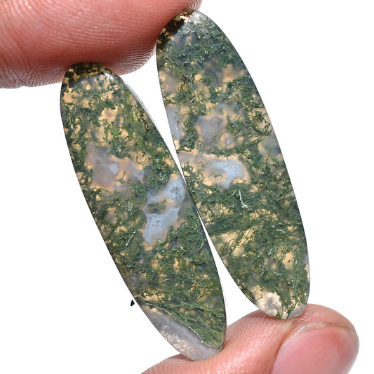 High-Quality Green Oval Moss Agate Cabochon Pair - Rare Loose Gemstones for Custom Earrings