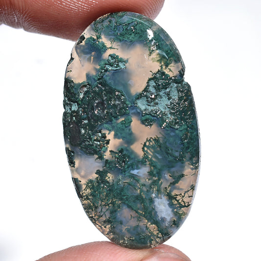Moss Agate Cabochon - Oval Dark Green with Smooth Flat Back for Jewelry Making