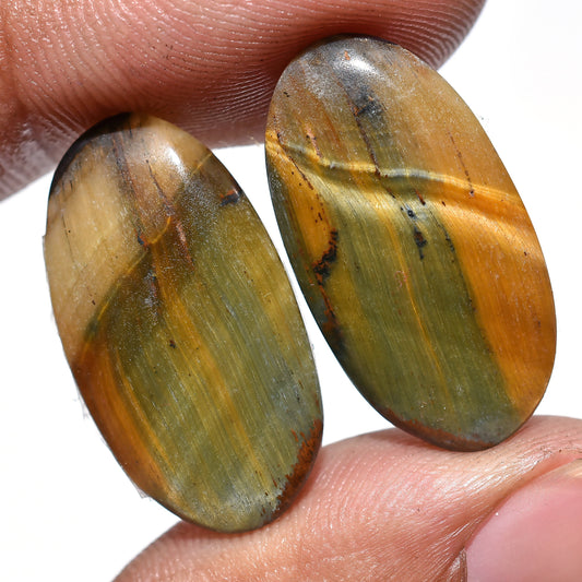 Natural Tiger Eye Cabochon Pair, Oval Shaped Smooth Gemstone