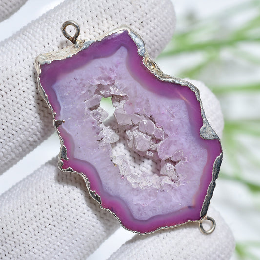 Pink Druzy Agate Slice Connectors – Sparkling Geode Charm  for Necklaces & Bracelets