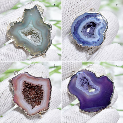 Natural Silver Electroplated Geode Druzy Double Bail Connector Set – Necklace & Bracelet Making DIY Gift
