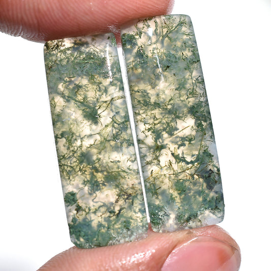 Green Moss Agate Cabochon Pair - Rectangle Agate Gemstone Pair for Custom Earrings