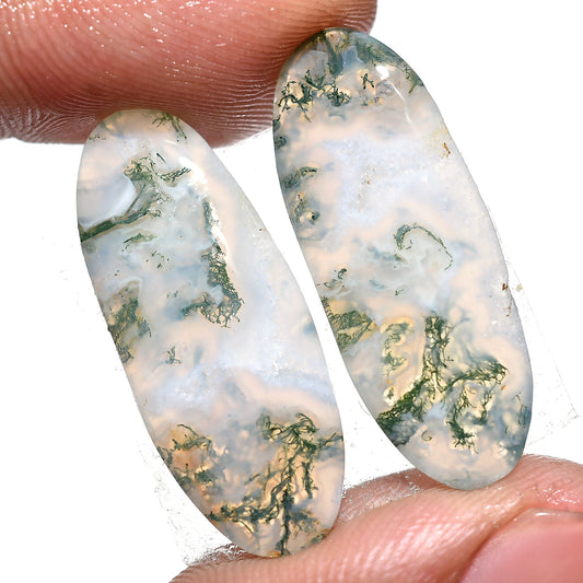 High-Quality Green Moss Agate Cabochon Pair - Rare Oval Gemstones