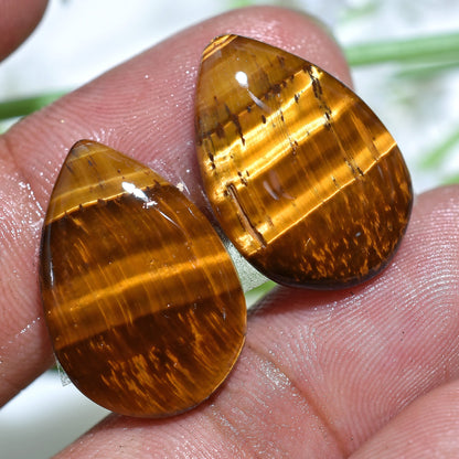 Yellow Brown Tiger Eye Stone Pair,  Oval Pear Cabochons for Earrings Making
