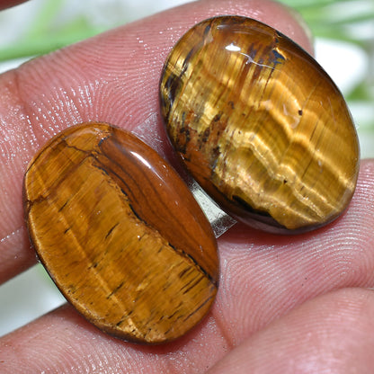 Yellow Brown Tiger Eye Stone Pair,  Oval Pear Cabochons for Earrings Making