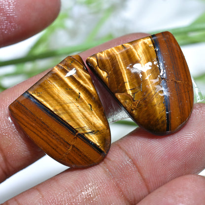 Yellow Brown Tiger Eye Stone Pair,  Oval Pear Cabochons for Earrings Making