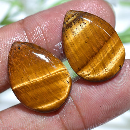 Yellow Brown Tiger Eye Stone Pair,  Oval Pear Cabochons for Earrings Making