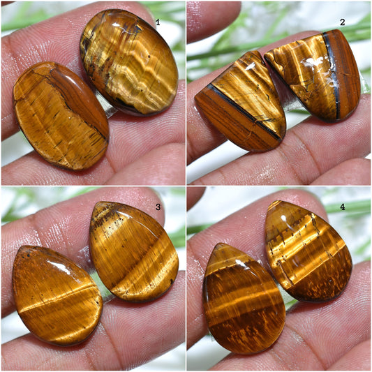 Yellow Brown Tiger Eye Stone Pair,  Oval Pear Cabochons for Earrings Making