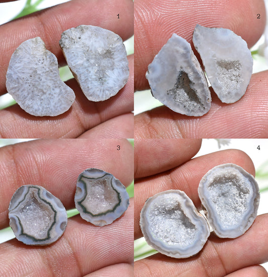 Stunning Solar Quartz Druzy Pair – Natural White & Grey Agate Slice Cabochons