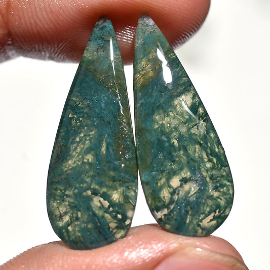 Moss Agate Crystal Pair - Natural Green Pear Cabochon Stones for Earring Making