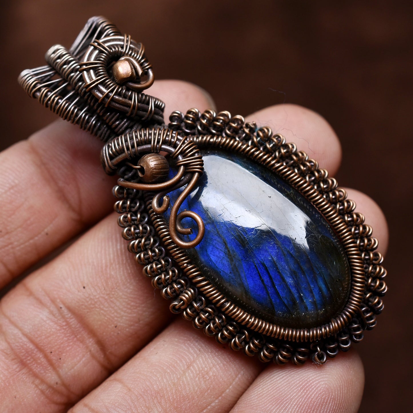 Natural Copper Labradorite Necklace - Blue Fire Oval Pendant, Handmade Wire Wrap Jewelry Gift"