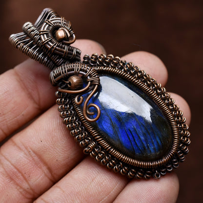 Natural Copper Labradorite Necklace - Blue Fire Oval Pendant, Handmade Wire Wrap Jewelry Gift"