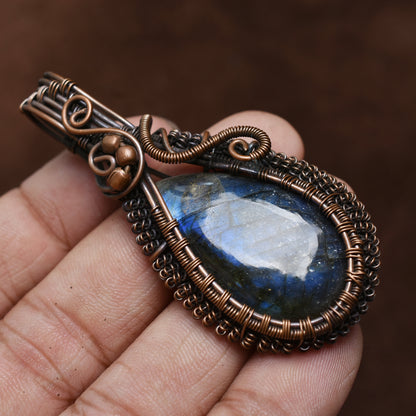 Natural Copper Labradorite Necklace - Blue Fire Oval Pendant, Handmade Wire Wrap Jewelry Gift"
