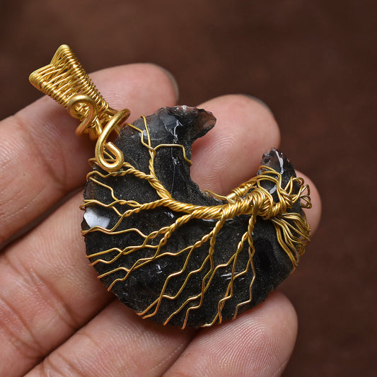 Opalite Crescent Moon Pendant – Wire Wrapped Gold & Black Opalite Jewelry