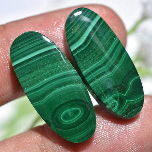 Natural Green Malachite Gemstone Pair – Smooth Flat Back Malachite Cabochon for Jewelry Making