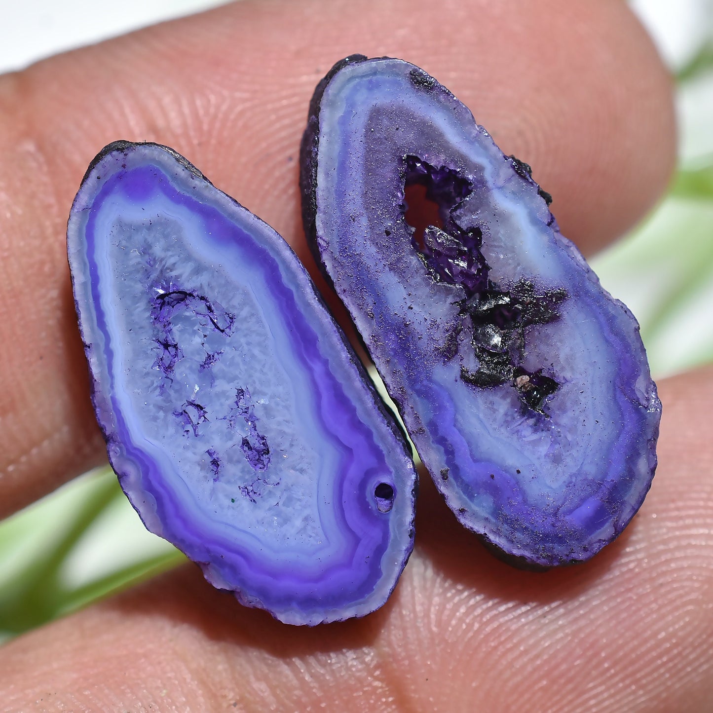 Agate Window Druzy Slice Pair - Blue & Purple Geode Druzy Gemstone Earrings Pair for Jewelry Making