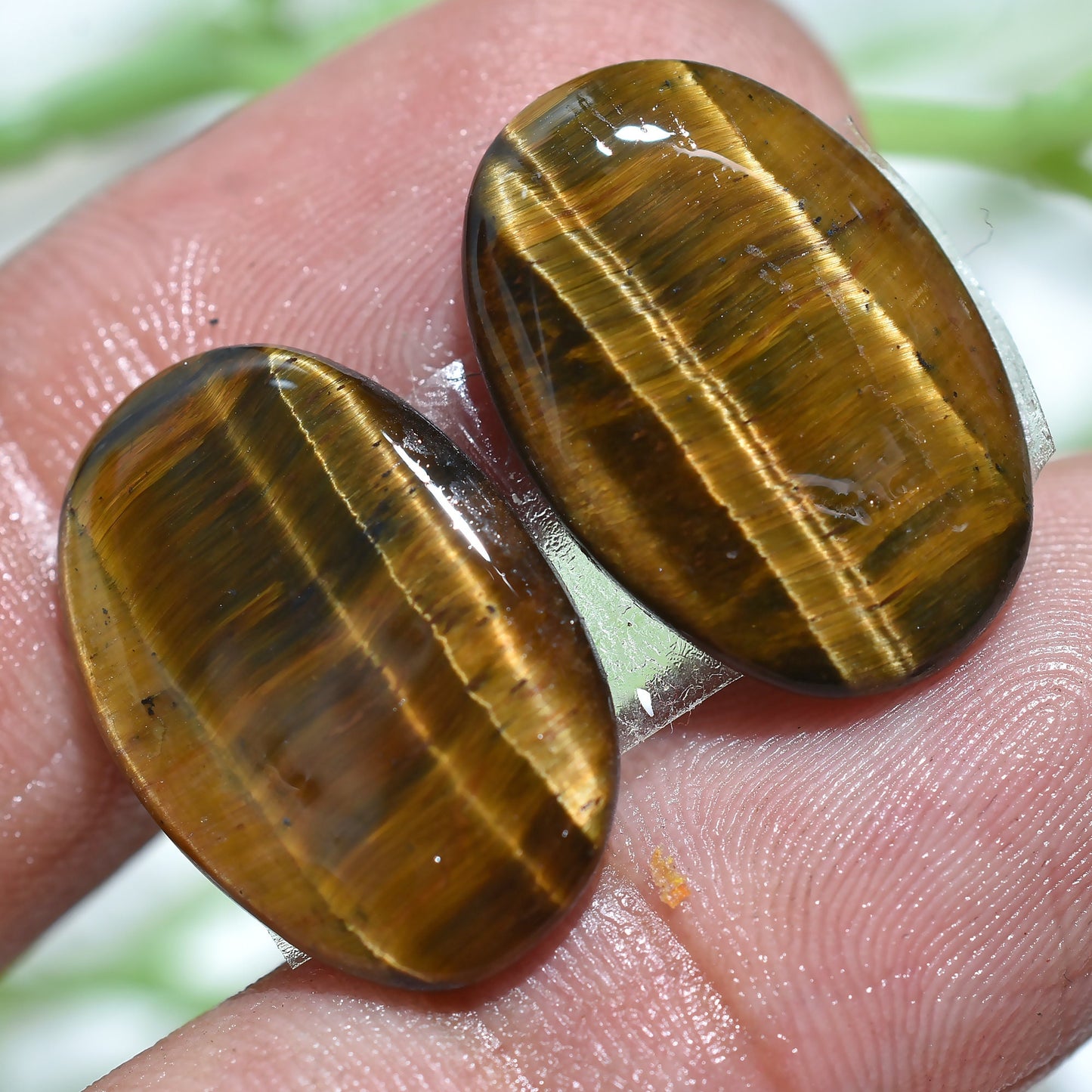Antique Yellow-Brown Tiger Eye Gemstone Pair – Oval Cabochon Earring Pair, Polished & Flat Back