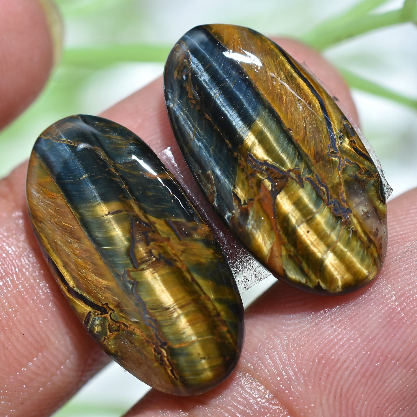 Antique Yellow-Brown Tiger Eye Gemstone Pair – Oval Cabochon Earring Pair, Polished & Flat Back