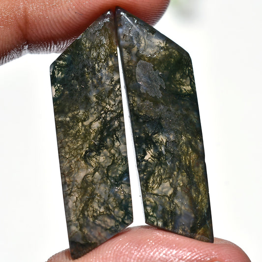 Natural Unique Moss Agate Pair - Fancy Smooth Cabochons for Custom Earrings