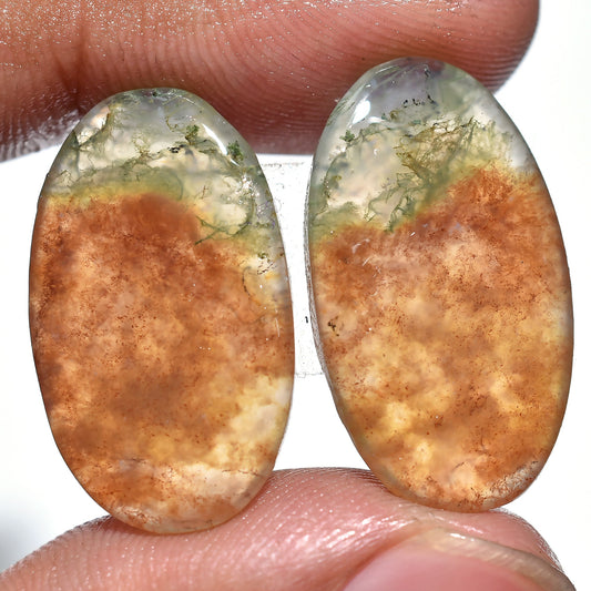 Orange Moss Agate Cabochon Pair – Matching Oval Agate for Earrings & Healing Crystal Gifts