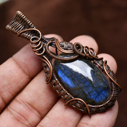 Natural Copper Labradorite Necklace - Blue Fire Oval Pendant, Handmade Wire Wrap Jewelry Gift"