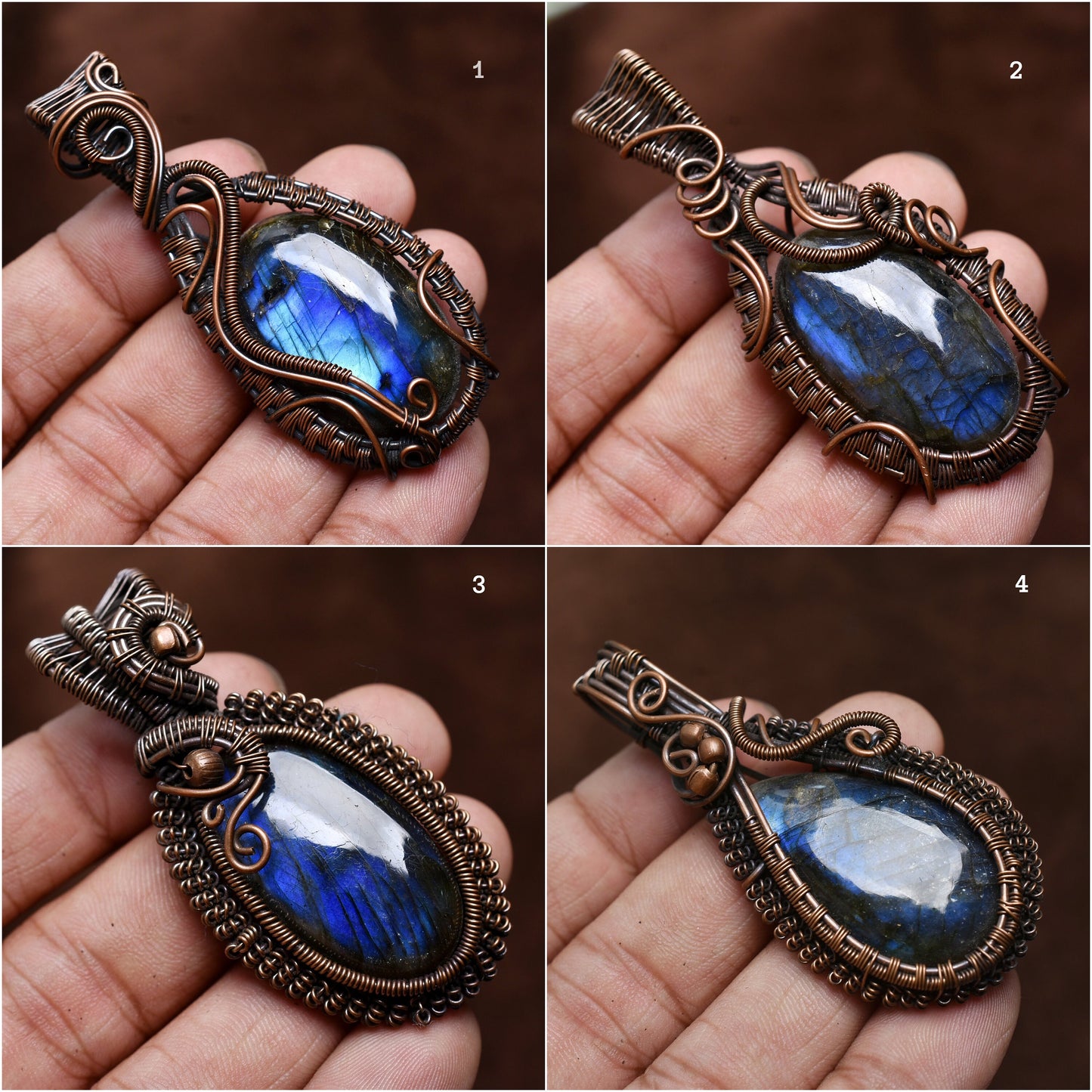 Natural Copper Labradorite Necklace - Blue Fire Oval Pendant, Handmade Wire Wrap Jewelry Gift"