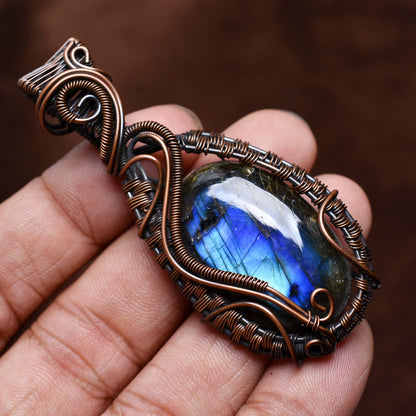 Natural Copper Labradorite Necklace - Blue Fire Oval Pendant, Handmade Wire Wrap Jewelry Gift"