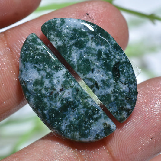 Fancy Moss Agate Cabochon Pair – Polished Green Gemstones for Jewelry Crafting
