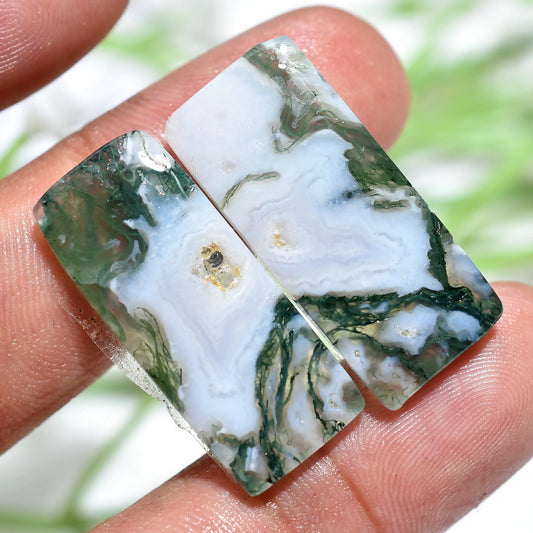 Natural Rectangle Moss Agate Pair – Polished Cabochons for Custom Jewelry Design