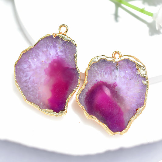 Gold Electroplated Solar Quartz Earring Pair – Pink Agate Slice with Bail for Crafting Jewelry