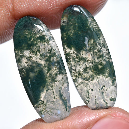 Oval Shape Moss Agate Pair - Designer Agate Gemstone for Earrings & Jewelry Making